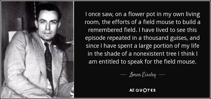 I once saw, on a flower pot in my own living room, the efforts of a field mouse to build a remembered field. I have lived to see this episode repeated in a thousand guises, and since I have spent a large portion of my life in the shade of a nonexistent tree I think I am entitled to speak for the field mouse. - Loren Eiseley