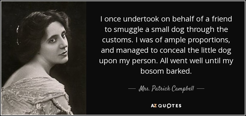 I once undertook on behalf of a friend to smuggle a small dog through the customs. I was of ample proportions, and managed to conceal the little dog upon my person. All went well until my bosom barked. - Mrs. Patrick Campbell