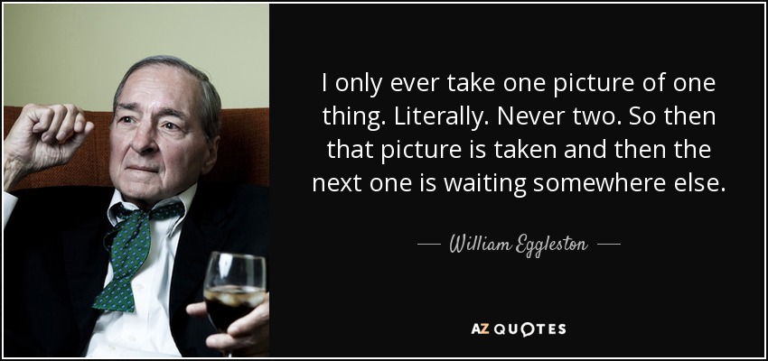 I only ever take one picture of one thing. Literally. Never two. So then that picture is taken and then the next one is waiting somewhere else. - William Eggleston