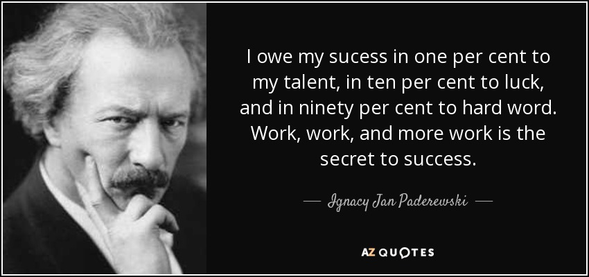 I owe my sucess in one per cent to my talent, in ten per cent to luck, and in ninety per cent to hard word. Work, work, and more work is the secret to success. - Ignacy Jan Paderewski