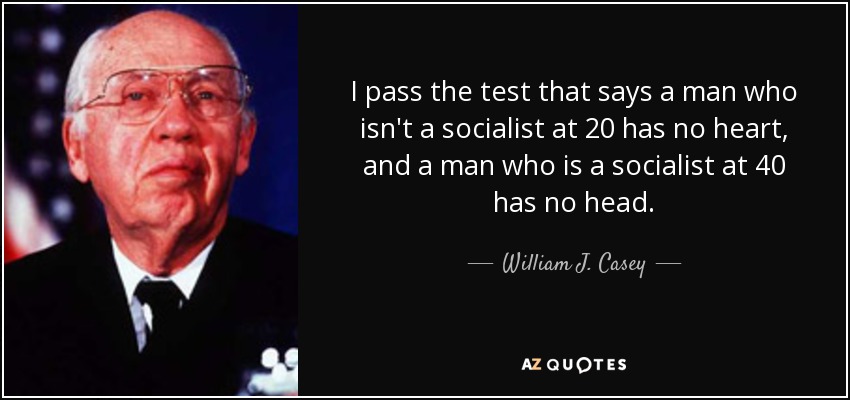 I pass the test that says a man who isn't a socialist at 20 has no heart, and a man who is a socialist at 40 has no head. - William J. Casey