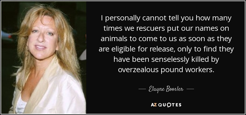 I personally cannot tell you how many times we rescuers put our names on animals to come to us as soon as they are eligible for release, only to find they have been senselessly killed by overzealous pound workers. - Elayne Boosler