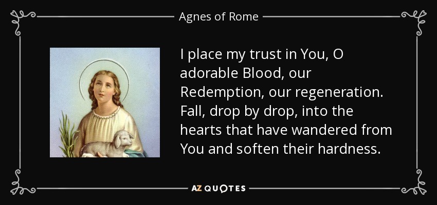 I place my trust in You, O adorable Blood, our Redemption, our regeneration. Fall, drop by drop, into the hearts that have wandered from You and soften their hardness. - Agnes of Rome