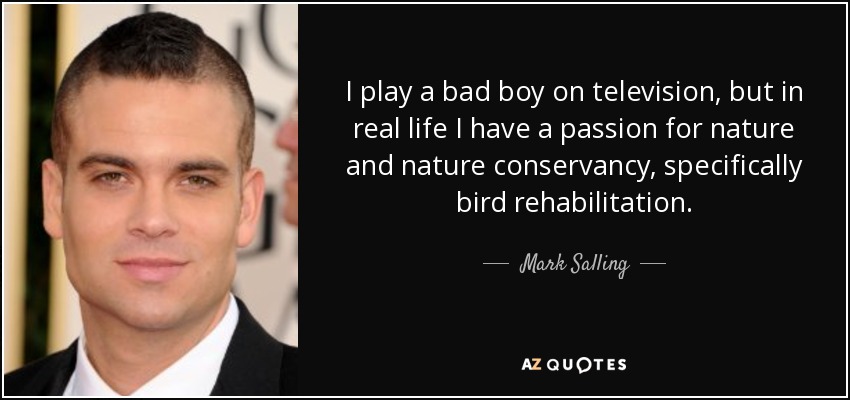 I play a bad boy on television, but in real life I have a passion for nature and nature conservancy, specifically bird rehabilitation. - Mark Salling