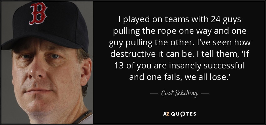 I played on teams with 24 guys pulling the rope one way and one guy pulling the other. I've seen how destructive it can be. I tell them, 'If 13 of you are insanely successful and one fails, we all lose.' - Curt Schilling