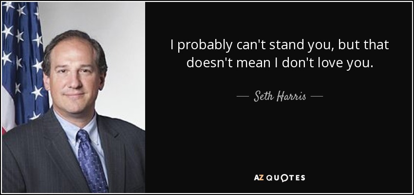 I probably can't stand you, but that doesn't mean I don't love you. - Seth Harris