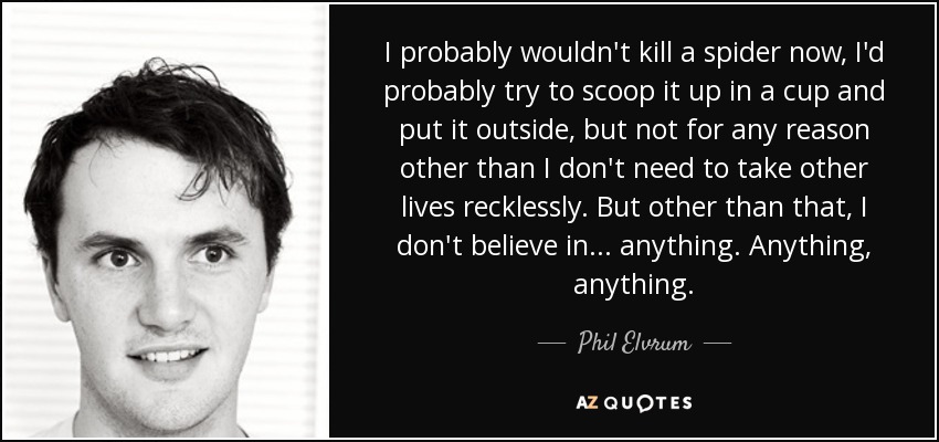 I probably wouldn't kill a spider now, I'd probably try to scoop it up in a cup and put it outside, but not for any reason other than I don't need to take other lives recklessly. But other than that, I don't believe in ... anything. Anything, anything. - Phil Elvrum