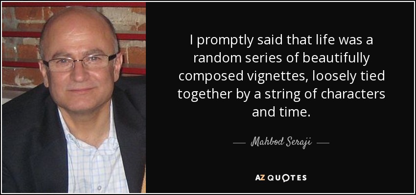 I promptly said that life was a random series of beautifully composed vignettes, loosely tied together by a string of characters and time. - Mahbod Seraji