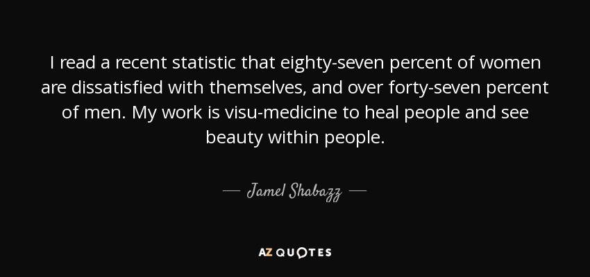 I read a recent statistic that eighty-seven percent of women are dissatisfied with themselves, and over forty-seven percent of men. My work is visu-medicine to heal people and see beauty within people. - Jamel Shabazz