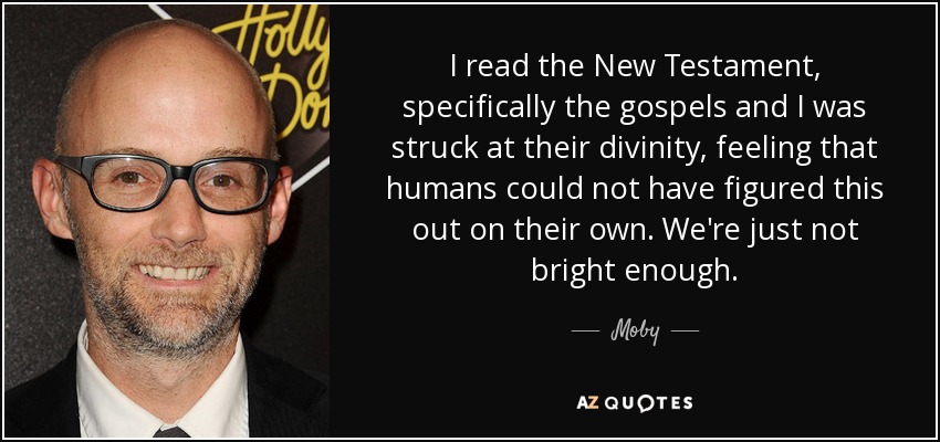 I read the New Testament, specifically the gospels and I was struck at their divinity, feeling that humans could not have figured this out on their own. We're just not bright enough. - Moby