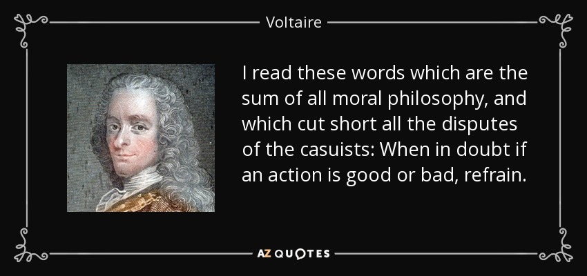 I read these words which are the sum of all moral philosophy, and which cut short all the disputes of the casuists: When in doubt if an action is good or bad, refrain. - Voltaire