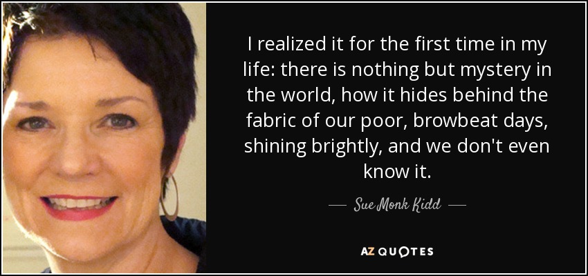 I realized it for the first time in my life: there is nothing but mystery in the world, how it hides behind the fabric of our poor, browbeat days, shining brightly, and we don't even know it. - Sue Monk Kidd