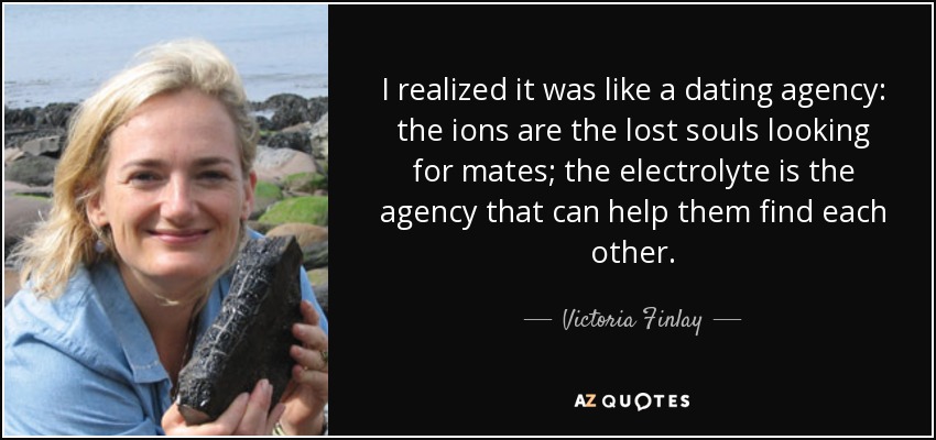I realized it was like a dating agency: the ions are the lost souls looking for mates; the electrolyte is the agency that can help them find each other. - Victoria Finlay
