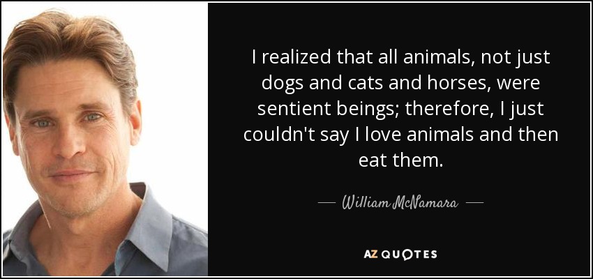 I realized that all animals, not just dogs and cats and horses, were sentient beings; therefore, I just couldn't say I love animals and then eat them. - William McNamara