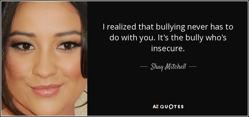 I realized that bullying never has to do with you. It's the bully who's insecure. - Shay Mitchell