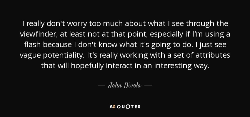 I really don't worry too much about what I see through the viewfinder, at least not at that point, especially if I'm using a flash because I don't know what it's going to do. I just see vague potentiality. It's really working with a set of attributes that will hopefully interact in an interesting way. - John Divola