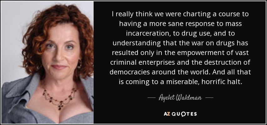 I really think we were charting a course to having a more sane response to mass incarceration, to drug use, and to understanding that the war on drugs has resulted only in the empowerment of vast criminal enterprises and the destruction of democracies around the world. And all that is coming to a miserable, horrific halt. - Ayelet Waldman