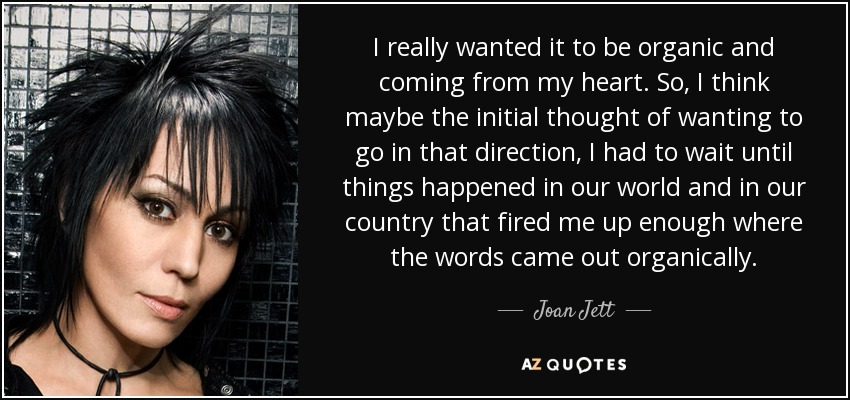 I really wanted it to be organic and coming from my heart. So, I think maybe the initial thought of wanting to go in that direction, I had to wait until things happened in our world and in our country that fired me up enough where the words came out organically. - Joan Jett