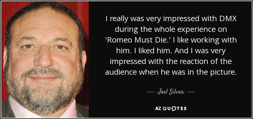 I really was very impressed with DMX during the whole experience on 'Romeo Must Die.' I like working with him. I liked him. And I was very impressed with the reaction of the audience when he was in the picture. - Joel Silver