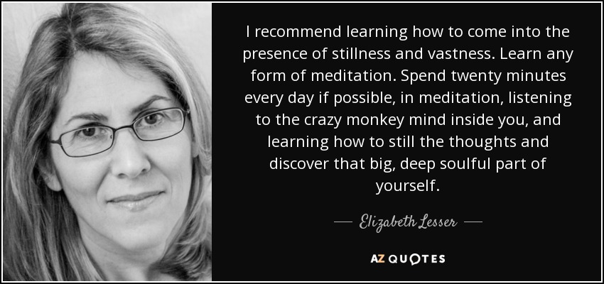 I recommend learning how to come into the presence of stillness and vastness. Learn any form of meditation. Spend twenty minutes every day if possible, in meditation, listening to the crazy monkey mind inside you, and learning how to still the thoughts and discover that big, deep soulful part of yourself. - Elizabeth Lesser