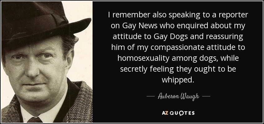 I remember also speaking to a reporter on Gay News who enquired about my attitude to Gay Dogs and reassuring him of my compassionate attitude to homosexuality among dogs, while secretly feeling they ought to be whipped. - Auberon Waugh