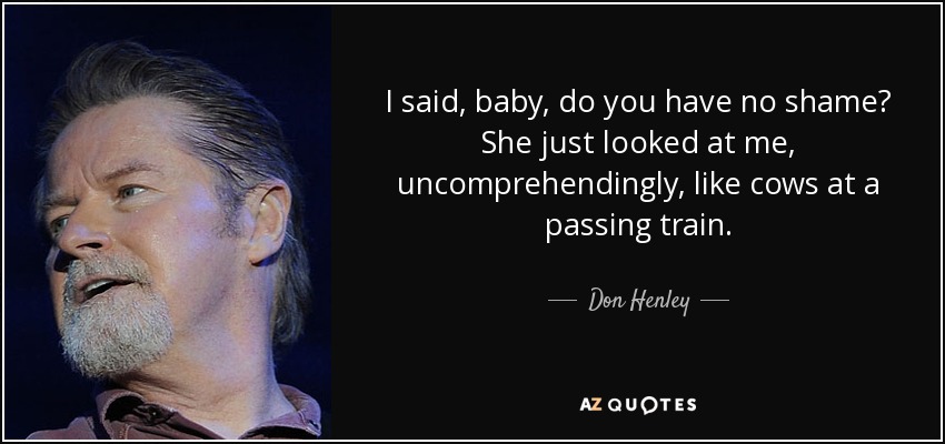 I said, baby, do you have no shame? She just looked at me, uncomprehendingly, like cows at a passing train. - Don Henley
