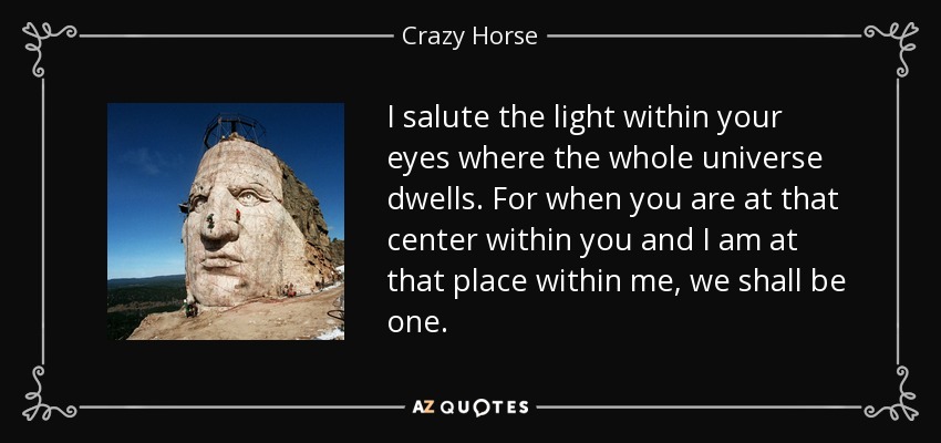 I salute the light within your eyes where the whole universe dwells. For when you are at that center within you and I am at that place within me, we shall be one. - Crazy Horse