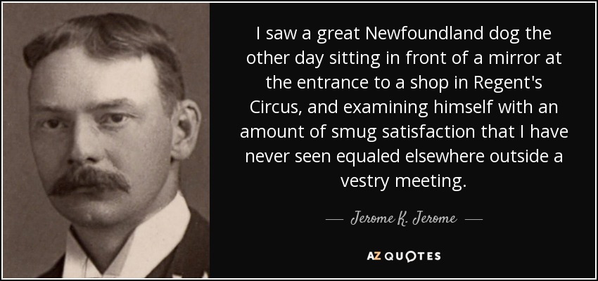 I saw a great Newfoundland dog the other day sitting in front of a mirror at the entrance to a shop in Regent's Circus, and examining himself with an amount of smug satisfaction that I have never seen equaled elsewhere outside a vestry meeting. - Jerome K. Jerome