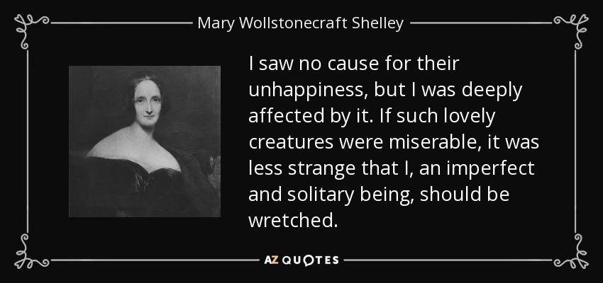 I saw no cause for their unhappiness, but I was deeply affected by it. If such lovely creatures were miserable, it was less strange that I, an imperfect and solitary being, should be wretched. - Mary Wollstonecraft Shelley