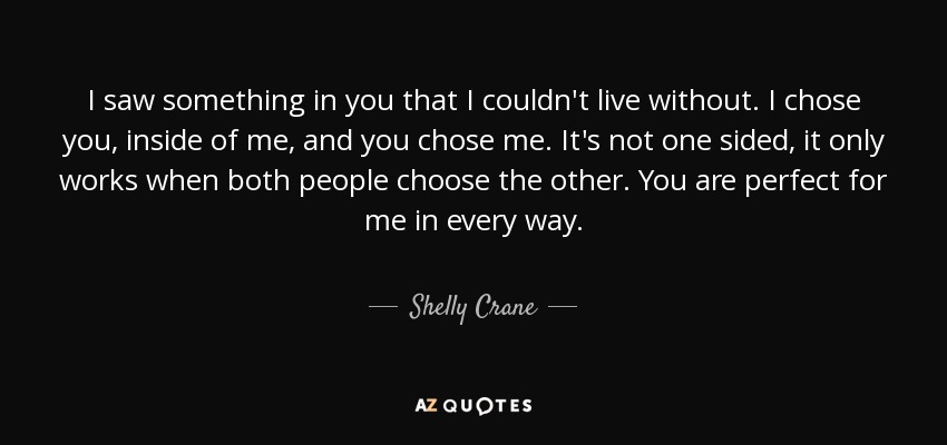 I saw something in you that I couldn't live without. I chose you, inside of me, and you chose me. It's not one sided, it only works when both people choose the other. You are perfect for me in every way. - Shelly Crane