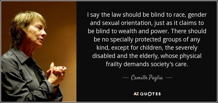 I say the law should be blind to race, gender and sexual orientation, just as it claims to be blind to wealth and power. There should be no specially protected groups of any kind, except for children, the severely disabled and the elderly, whose physical frailty demands society's care. - Camille Paglia