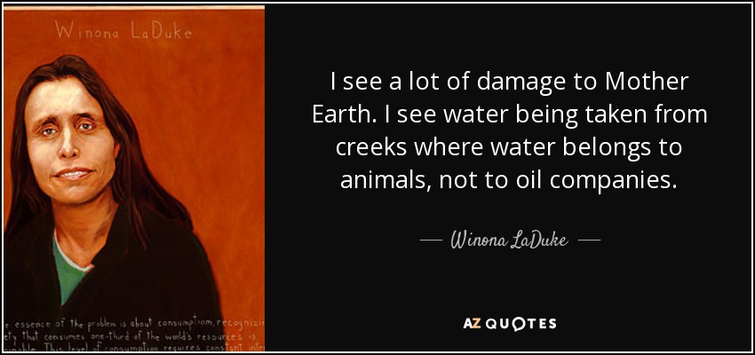 I see a lot of damage to Mother Earth. I see water being taken from creeks where water belongs to animals, not to oil companies. - Winona LaDuke