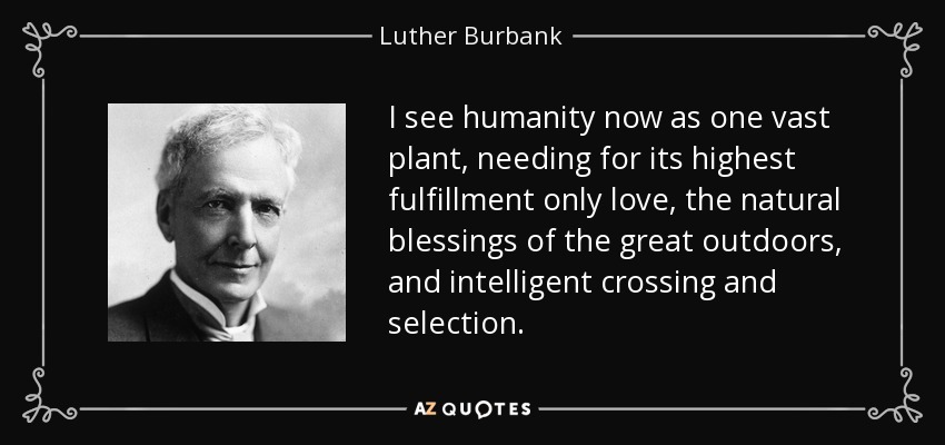 I see humanity now as one vast plant, needing for its highest fulfillment only love, the natural blessings of the great outdoors, and intelligent crossing and selection. - Luther Burbank