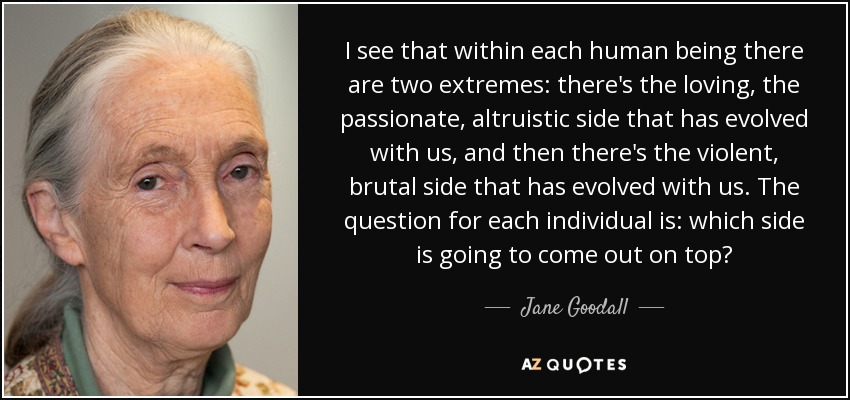 I see that within each human being there are two extremes: there's the loving, the passionate, altruistic side that has evolved with us, and then there's the violent, brutal side that has evolved with us. The question for each individual is: which side is going to come out on top? - Jane Goodall
