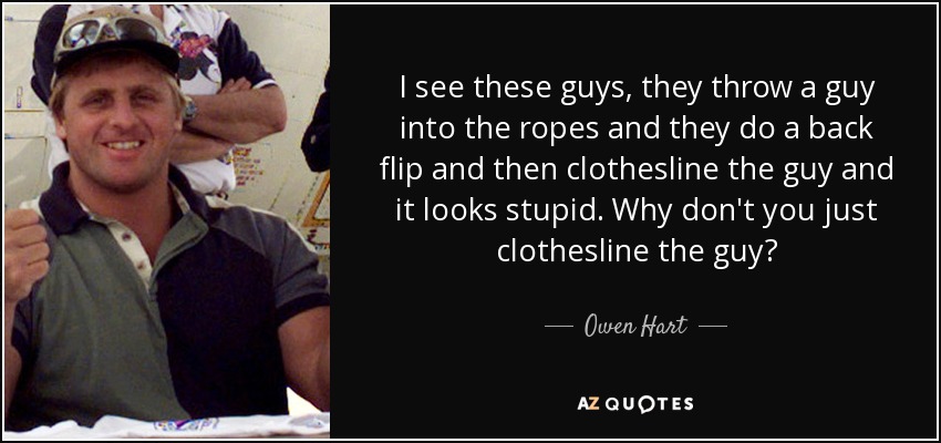 I see these guys, they throw a guy into the ropes and they do a back flip and then clothesline the guy and it looks stupid. Why don't you just clothesline the guy? - Owen Hart