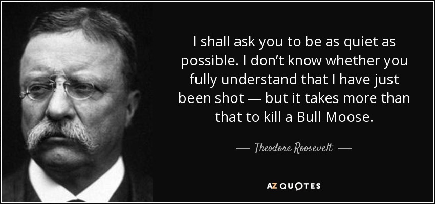 I shall ask you to be as quiet as possible. I don’t know whether you fully understand that I have just been shot — but it takes more than that to kill a Bull Moose. - Theodore Roosevelt