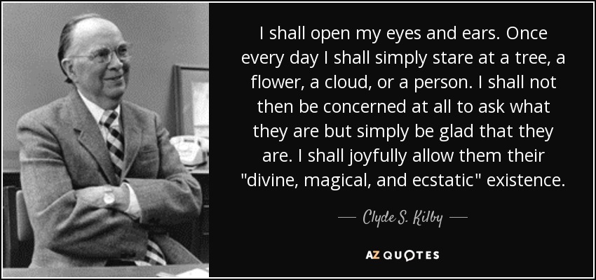 I shall open my eyes and ears. Once every day I shall simply stare at a tree, a flower, a cloud, or a person. I shall not then be concerned at all to ask what they are but simply be glad that they are. I shall joyfully allow them their 