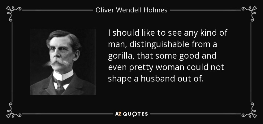 I should like to see any kind of man, distinguishable from a gorilla, that some good and even pretty woman could not shape a husband out of. - Oliver Wendell Holmes, Jr.