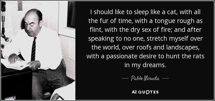 I should like to sleep like a cat, with all the fur of time, with a tongue rough as flint, with the dry sex of fire; and after speaking to no one, stretch myself over the world, over roofs and landscapes, with a passionate desire to hunt the rats in my dreams. - Pablo Neruda