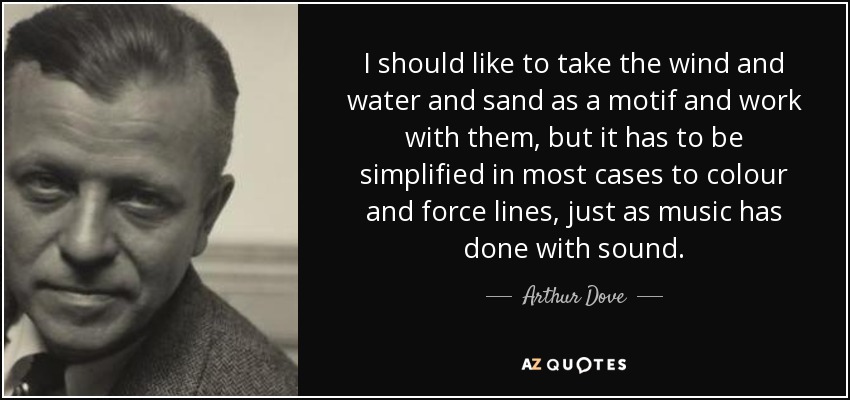 I should like to take the wind and water and sand as a motif and work with them, but it has to be simplified in most cases to colour and force lines, just as music has done with sound. - Arthur Dove
