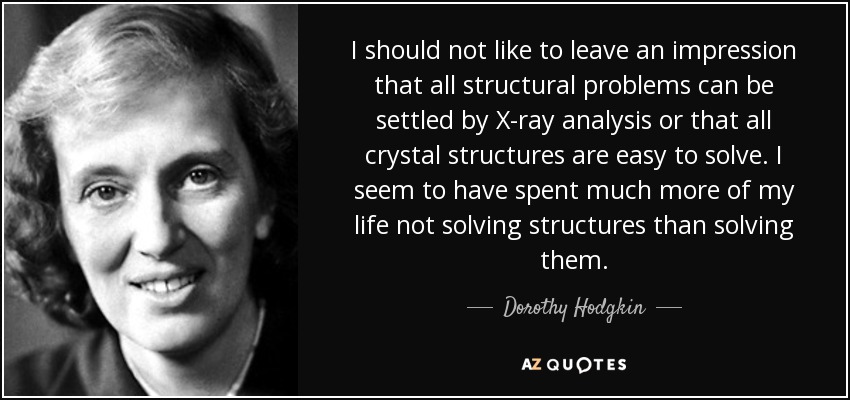 I should not like to leave an impression that all structural problems can be settled by X-ray analysis or that all crystal structures are easy to solve. I seem to have spent much more of my life not solving structures than solving them. - Dorothy Hodgkin