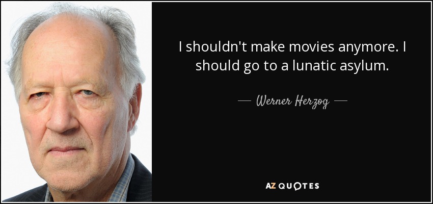 I shouldn't make movies anymore. I should go to a lunatic asylum. - Werner Herzog