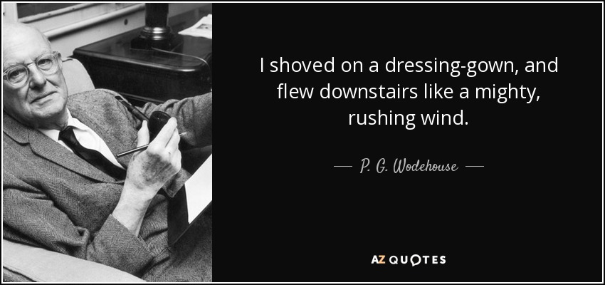 I shoved on a dressing-gown, and flew downstairs like a mighty, rushing wind. - P. G. Wodehouse
