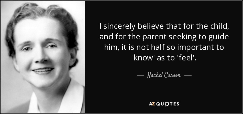 I sincerely believe that for the child, and for the parent seeking to guide him, it is not half so important to 'know' as to 'feel'. - Rachel Carson