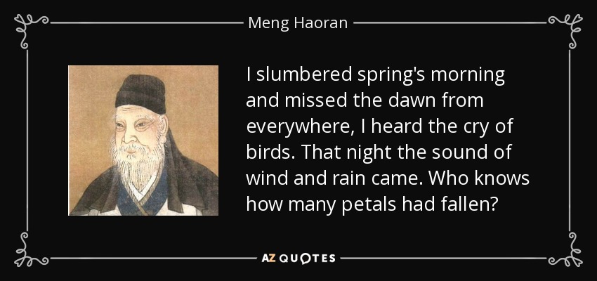 I slumbered spring's morning and missed the dawn from everywhere, I heard the cry of birds. That night the sound of wind and rain came. Who knows how many petals had fallen? - Meng Haoran