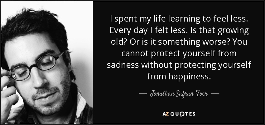 I spent my life learning to feel less. Every day I felt less. Is that growing old? Or is it something worse? You cannot protect yourself from sadness without protecting yourself from happiness. - Jonathan Safran Foer