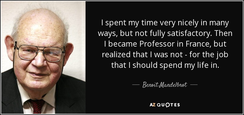 I spent my time very nicely in many ways, but not fully satisfactory. Then I became Professor in France, but realized that I was not - for the job that I should spend my life in. - Benoit Mandelbrot