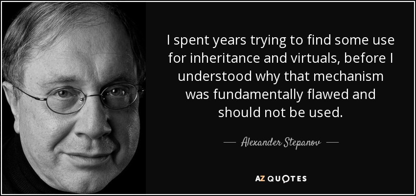 I spent years trying to find some use for inheritance and virtuals, before I understood why that mechanism was fundamentally flawed and should not be used. - Alexander Stepanov