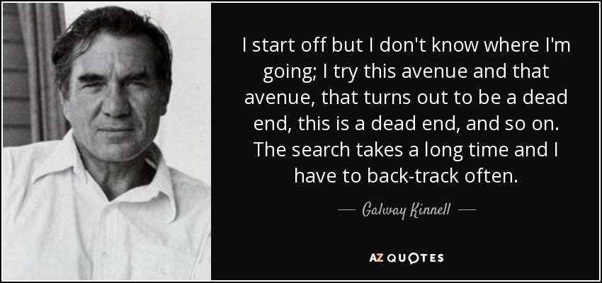 I start off but I don't know where I'm going; I try this avenue and that avenue, that turns out to be a dead end, this is a dead end, and so on. The search takes a long time and I have to back-track often. - Galway Kinnell