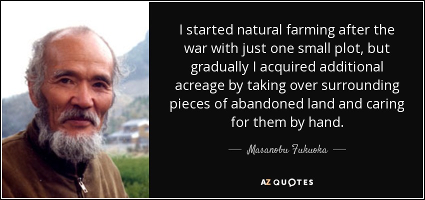 I started natural farming after the war with just one small plot, but gradually I acquired additional acreage by taking over surrounding pieces of abandoned land and caring for them by hand. - Masanobu Fukuoka